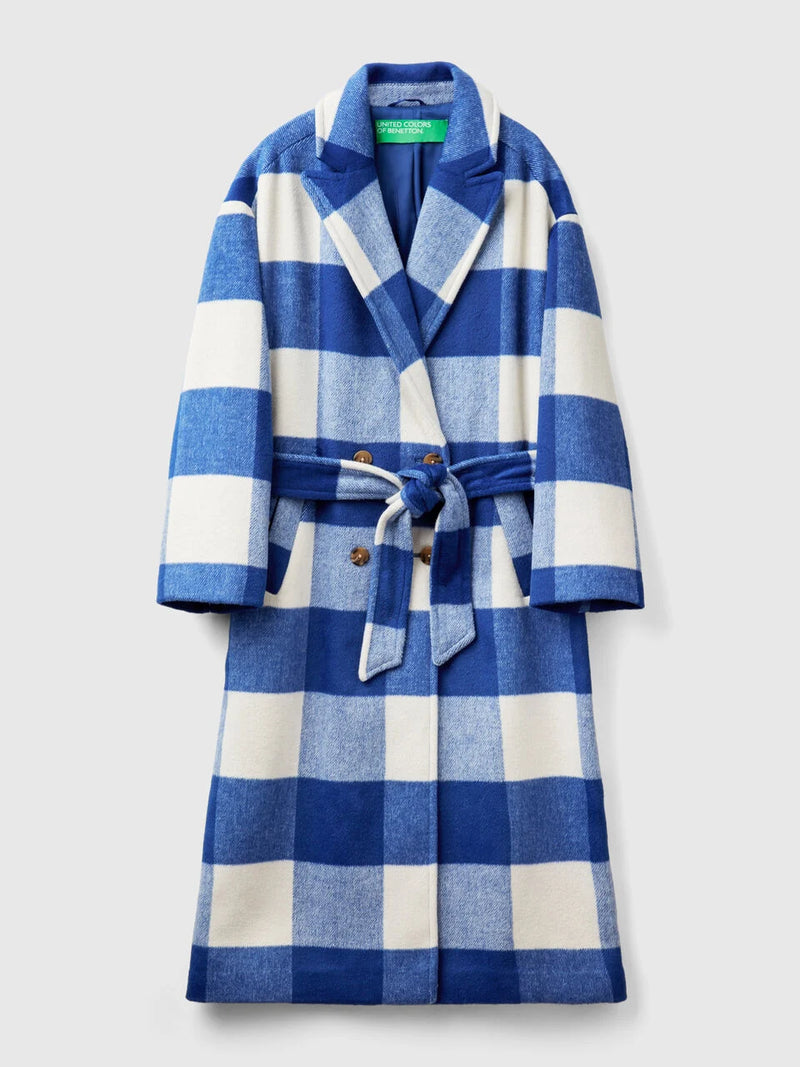 Be Forest Check Coat - Blue/cream