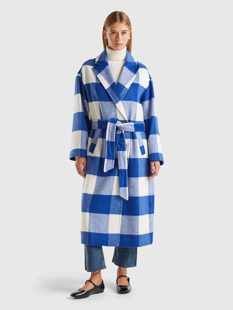 Be Forest Check Coat - Blue/cream