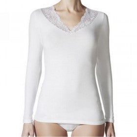 Long Sleeve Lace Neckline Cami - White