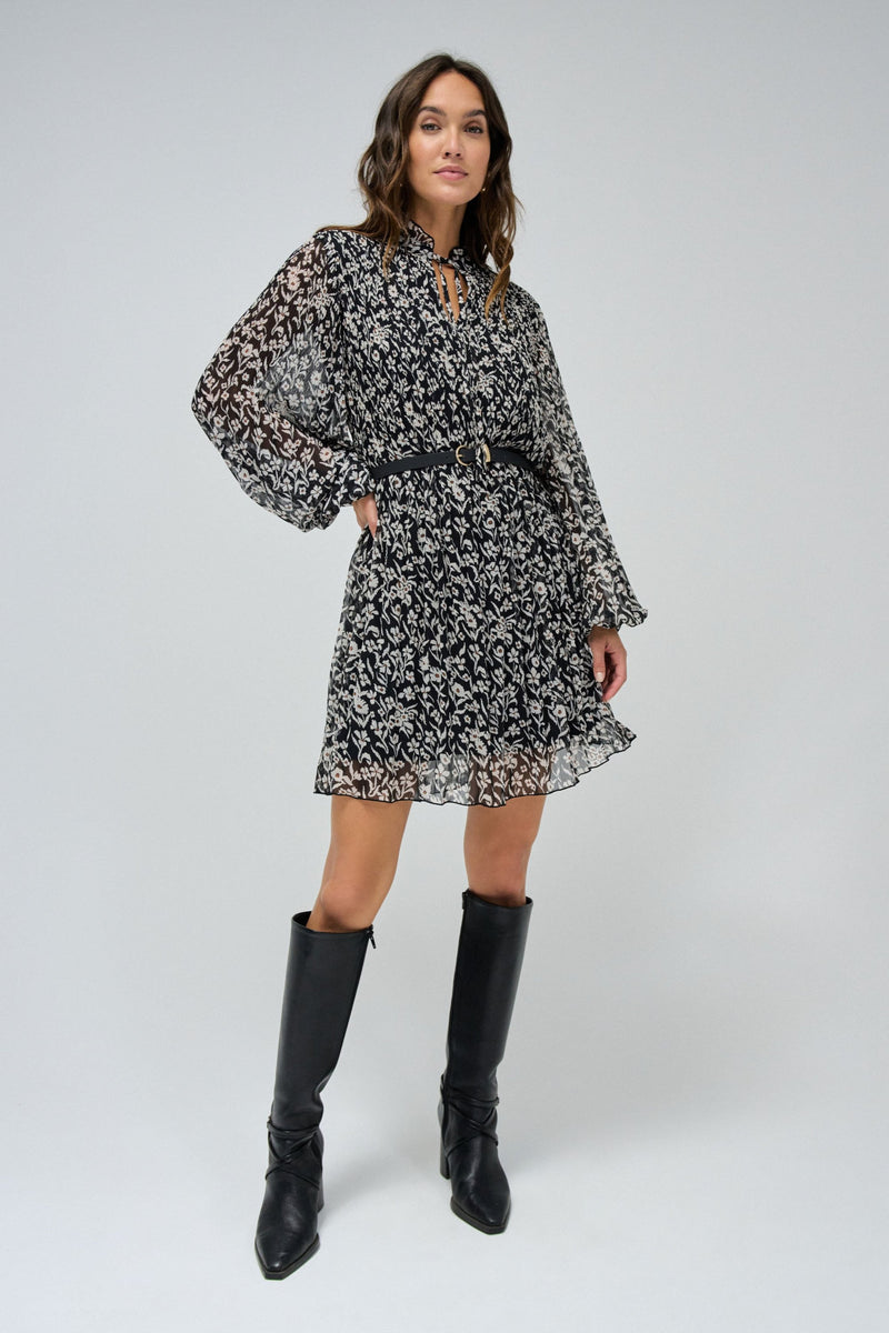 Long Sleeve Print Dress - Black