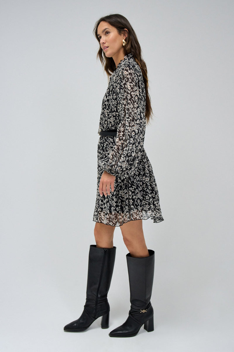 Long Sleeve Print Dress - Black