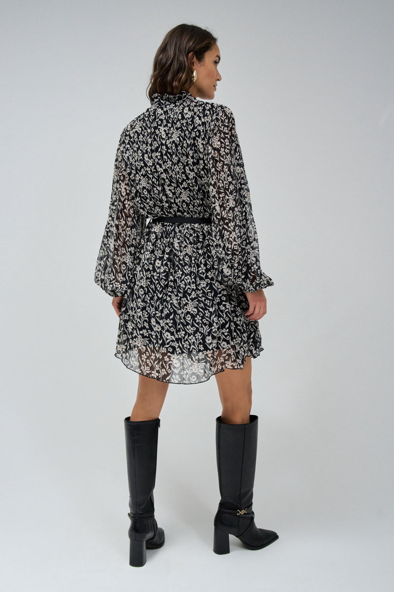 Long Sleeve Print Dress - Black