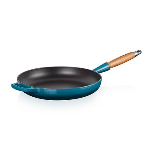 28cm Signature Cast Iron Frying Pan with Wooden Handle - Deep Teal