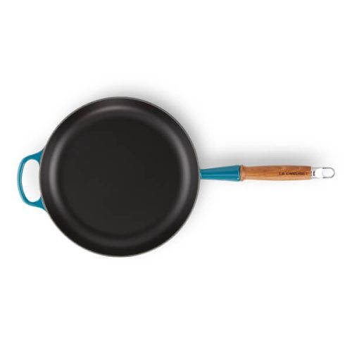 28cm Signature Cast Iron Frying Pan with Wooden Handle - Deep Teal