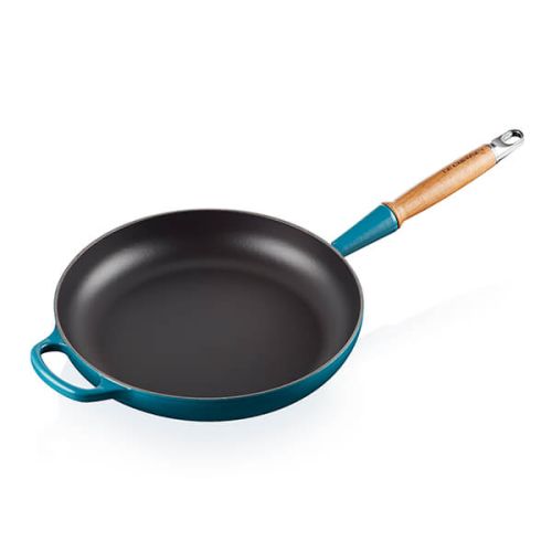 28cm Signature Cast Iron Frying Pan with Wooden Handle - Deep Teal