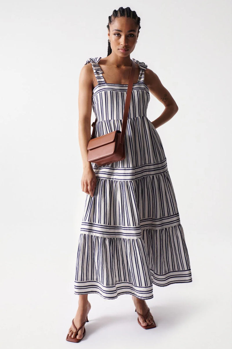 Ruffles Striped Dress - Beige