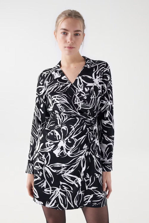 Floral Print Wrap Dress - Black