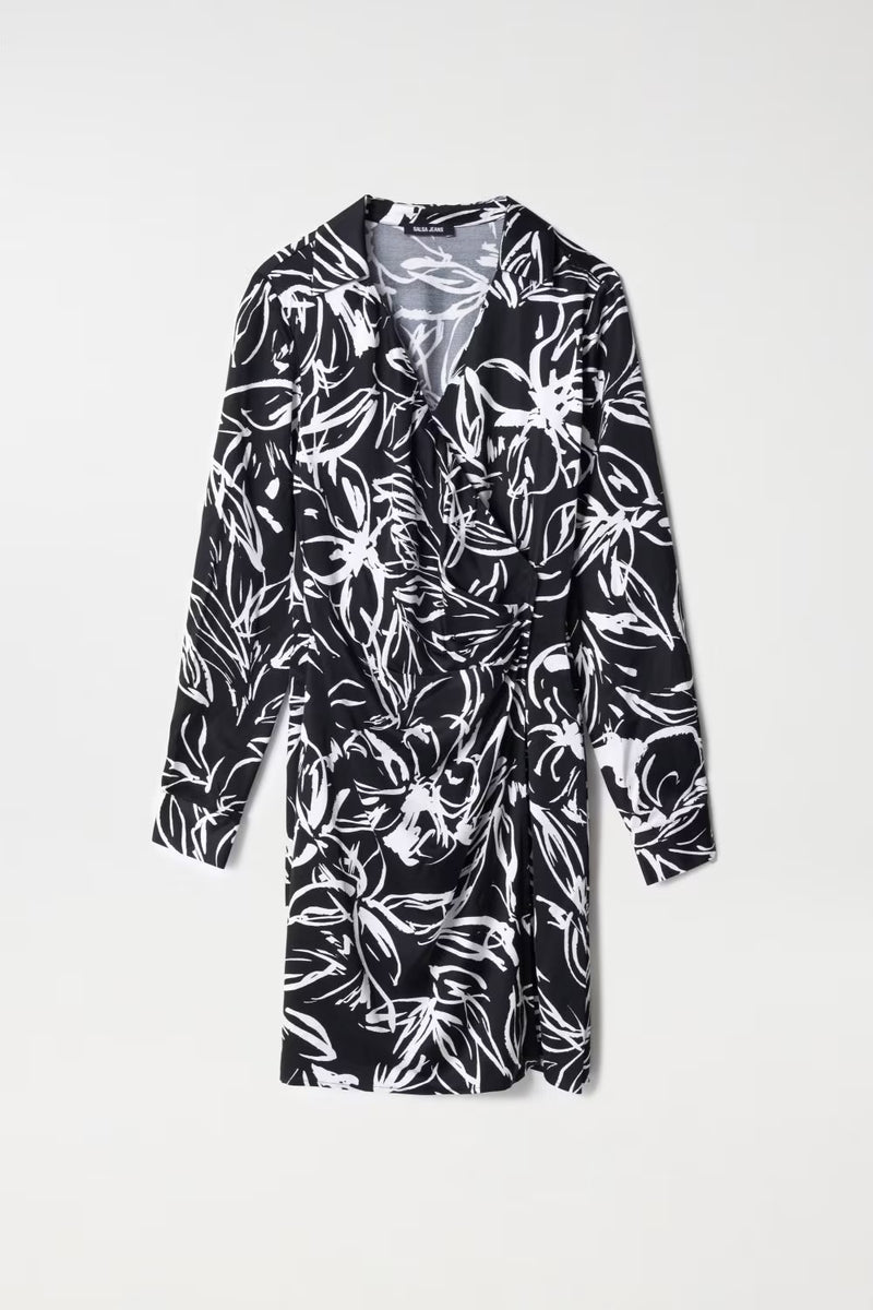 Floral Print Wrap Dress - Black