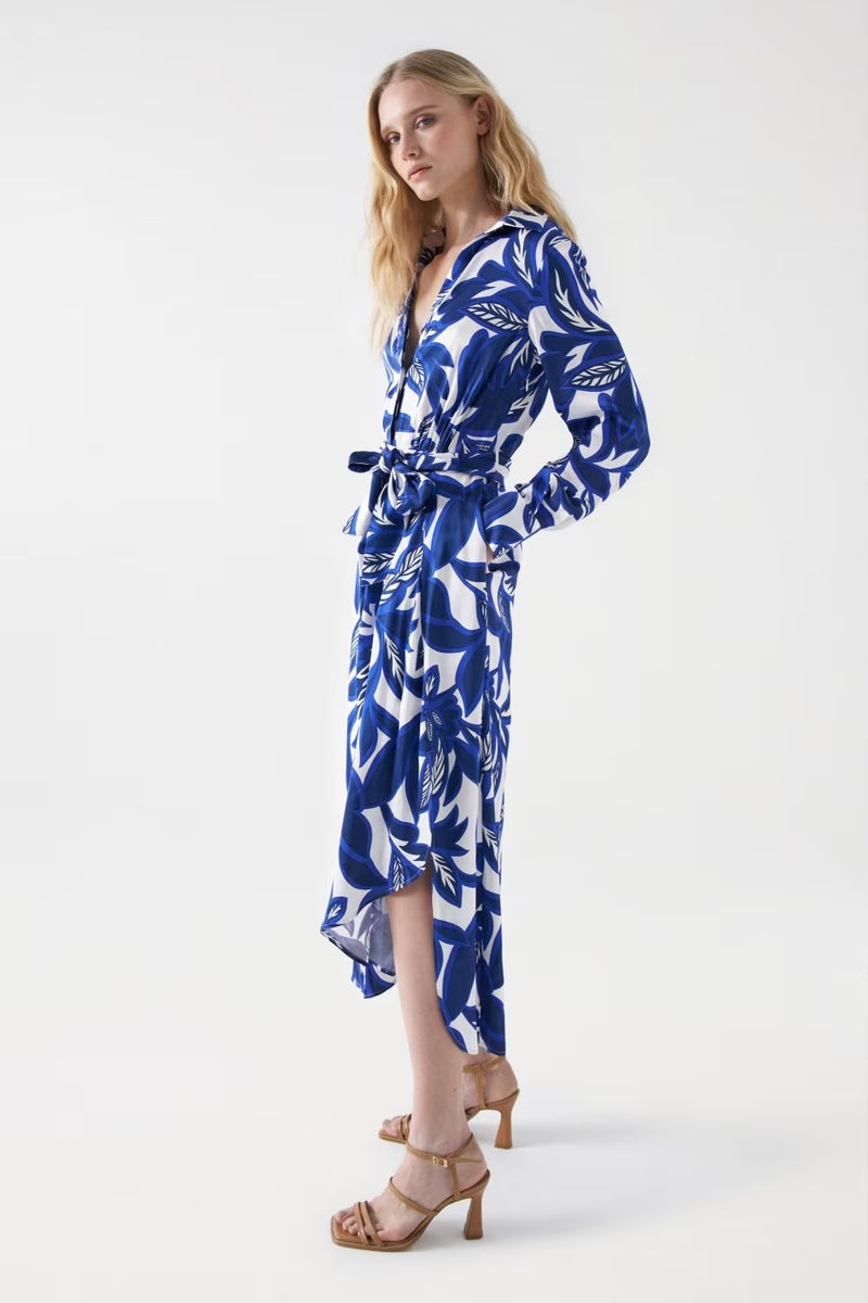 Satin Feel Floral Print Dress - Blue