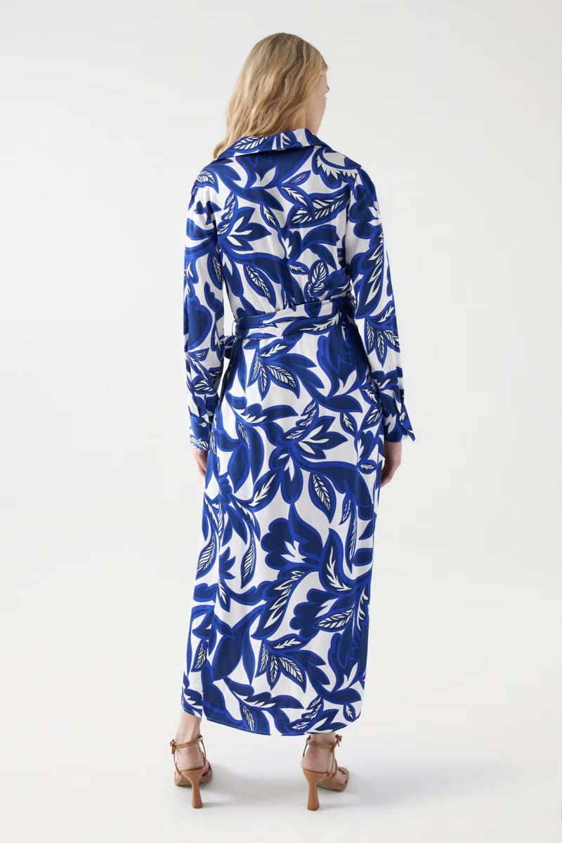 Satin Feel Floral Print Dress - Blue