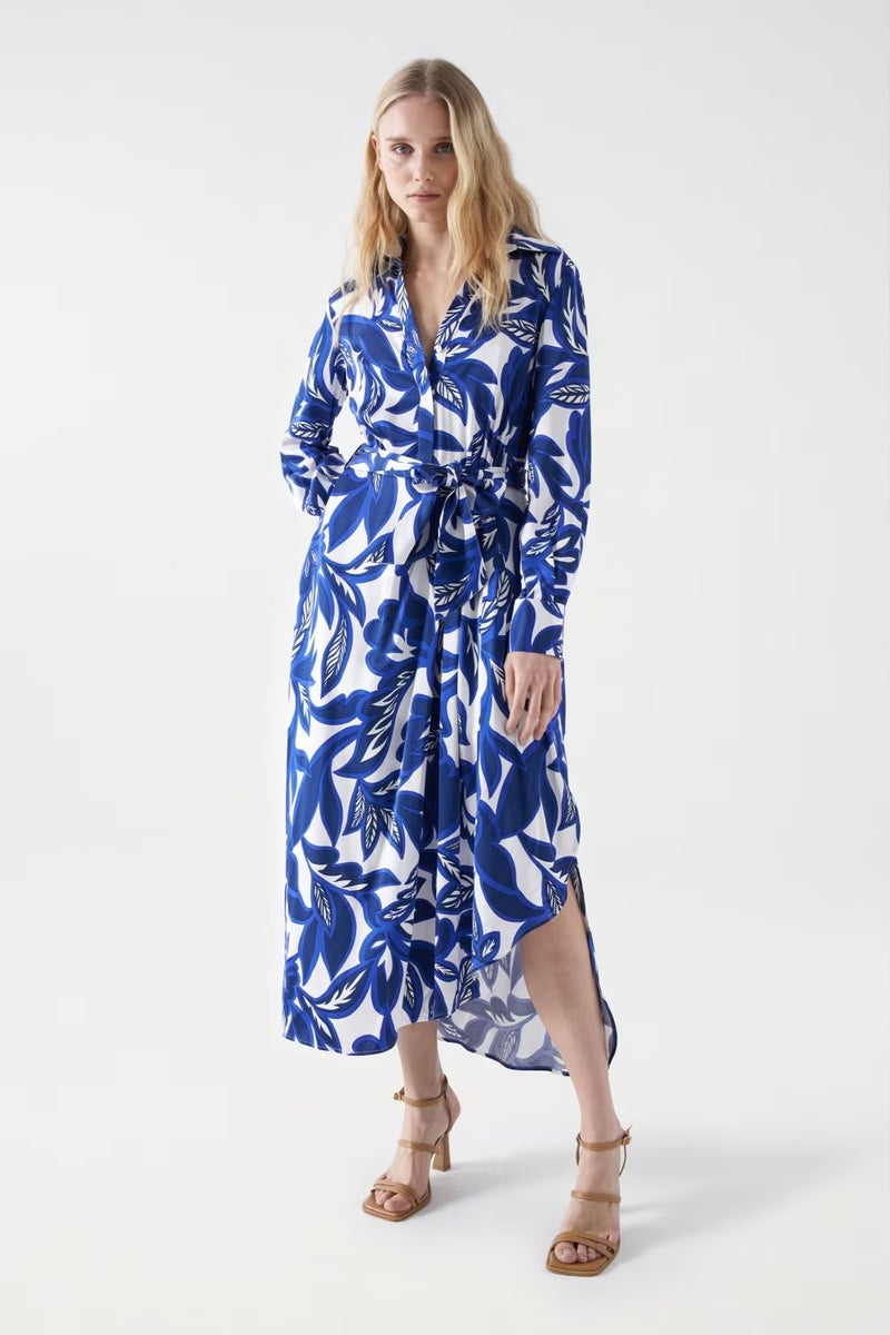 Satin Feel Floral Print Dress - Blue