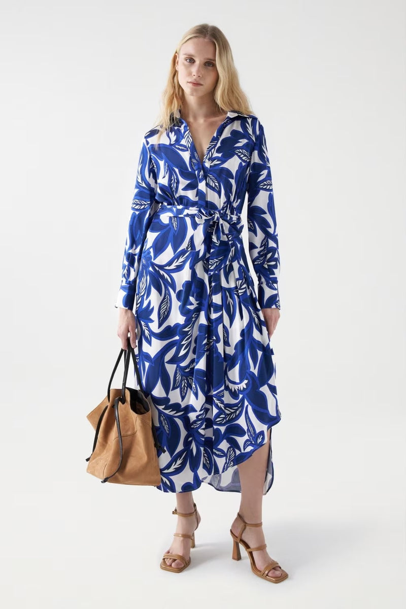 Satin Feel Floral Print Dress - Blue