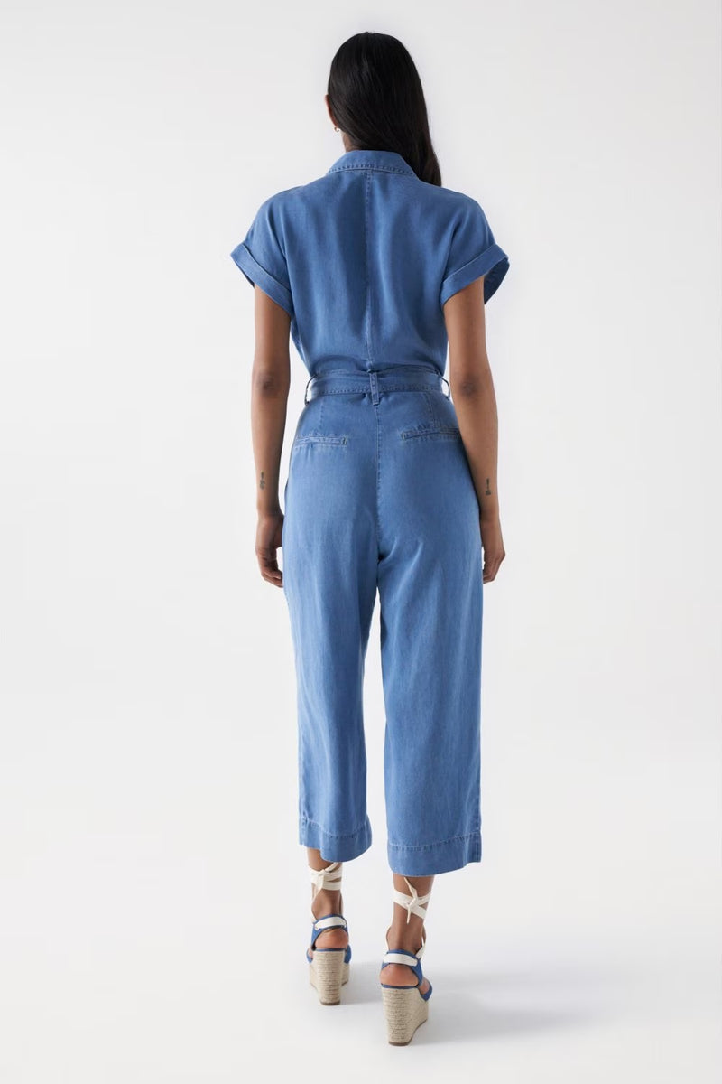 Cropped Denim Jumpsuit - Blue