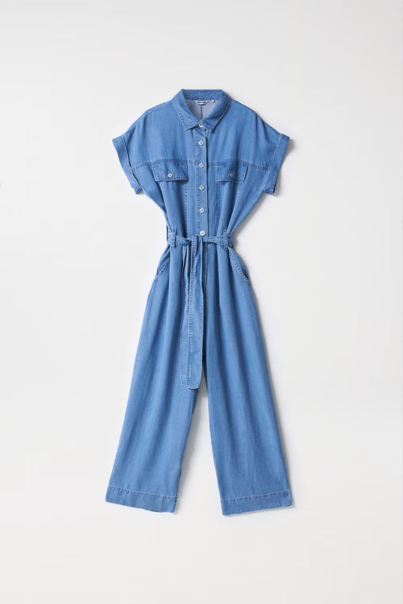 Cropped Denim Jumpsuit - Blue