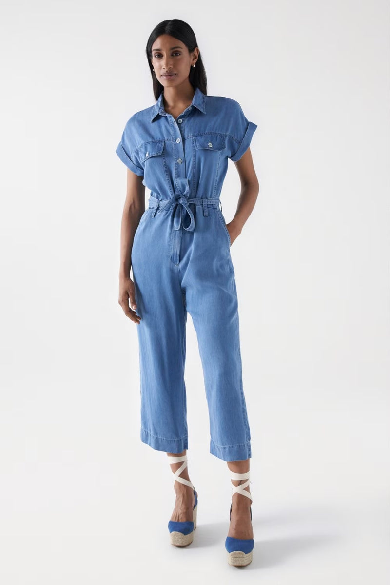 Cropped Denim Jumpsuit - Blue