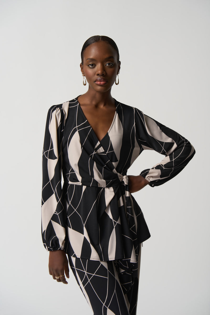 AbstractPrint Wrap Blouse - Black/moonstone