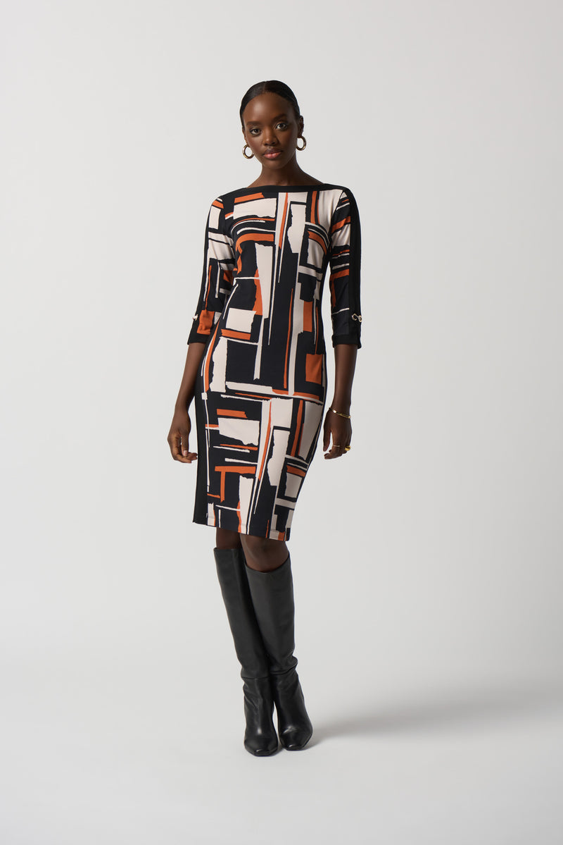 Print Boat Neck Dress - Black/multi