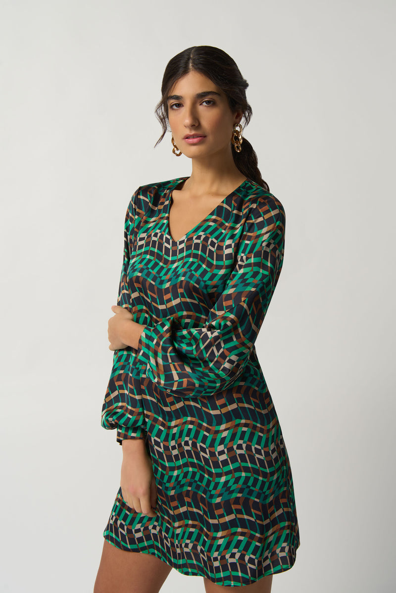 Geo Print Puff Sleeve Dress - Black/multi