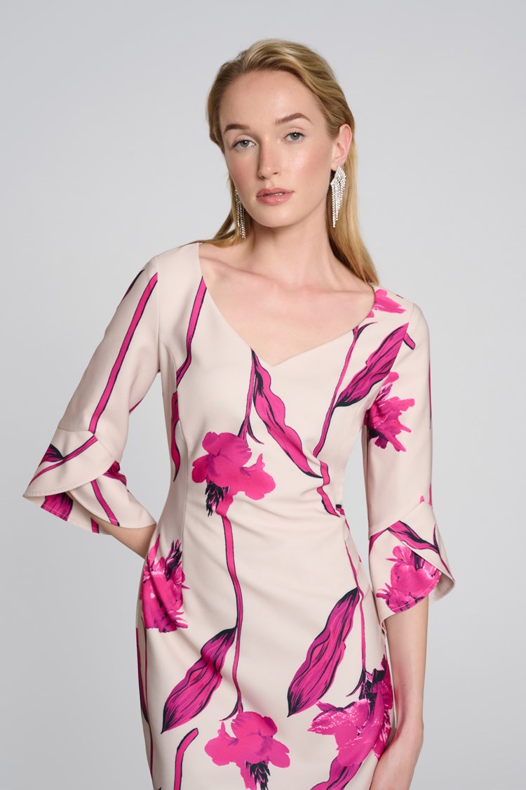 Floral Print Sheath Dress - Light Sand/pink