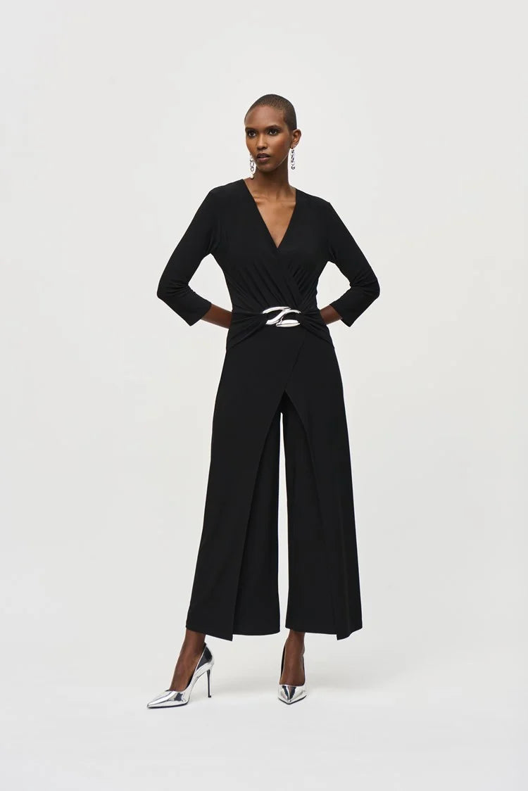 Silky Knit Wrap Jumpsuit - Black