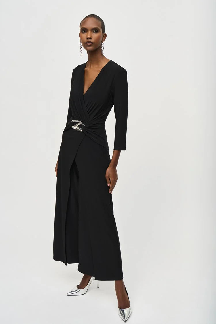 Silky Knit Wrap Jumpsuit - Black