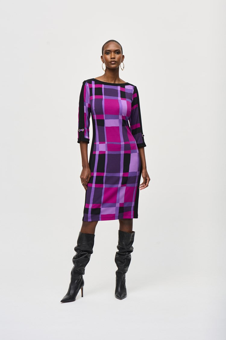 Silky Knit Plaid Dress - Purple/black