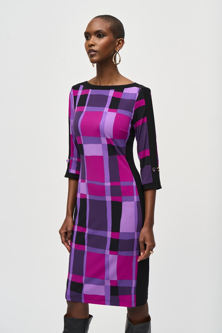 Silky Knit Plaid Dress - Purple/black