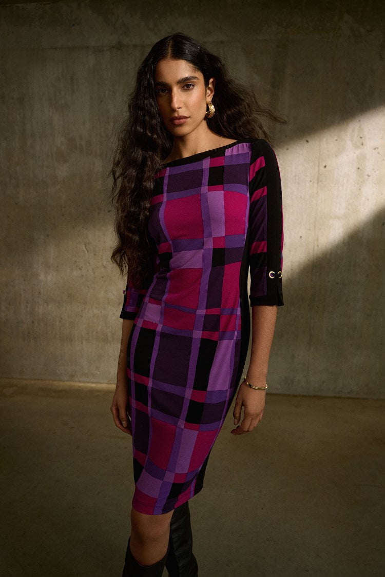 Silky Knit Plaid Dress - Purple/black