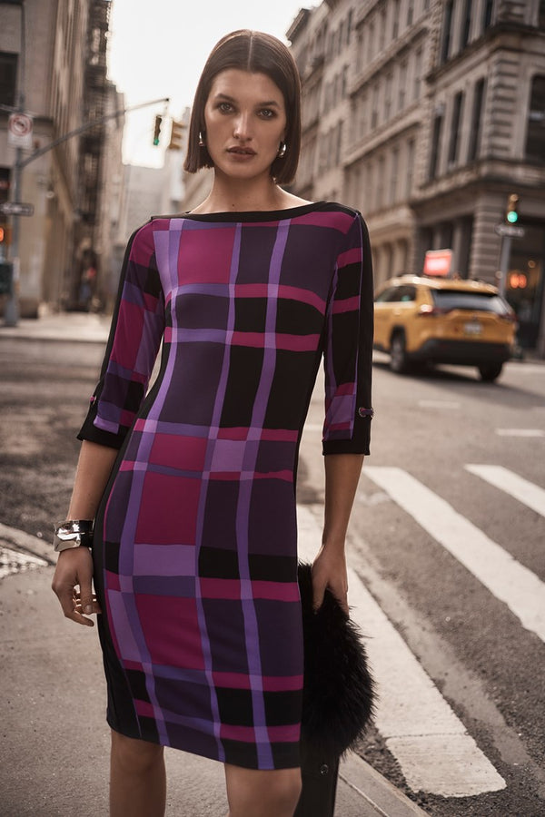 Silky Knit Plaid Dress - Purple/black