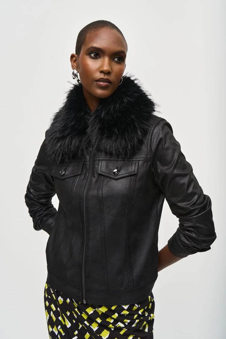 Faux Fur Suede Jacket - Black