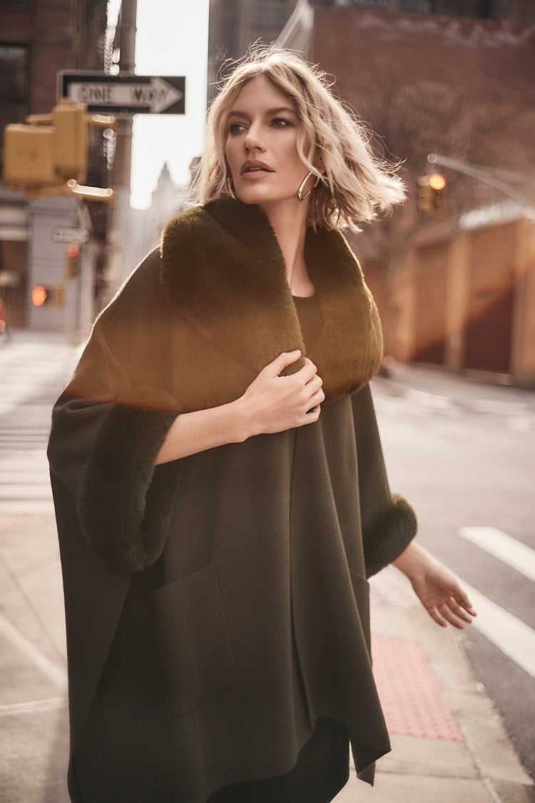 Jacquard n Faux Fur Cape - Khaki