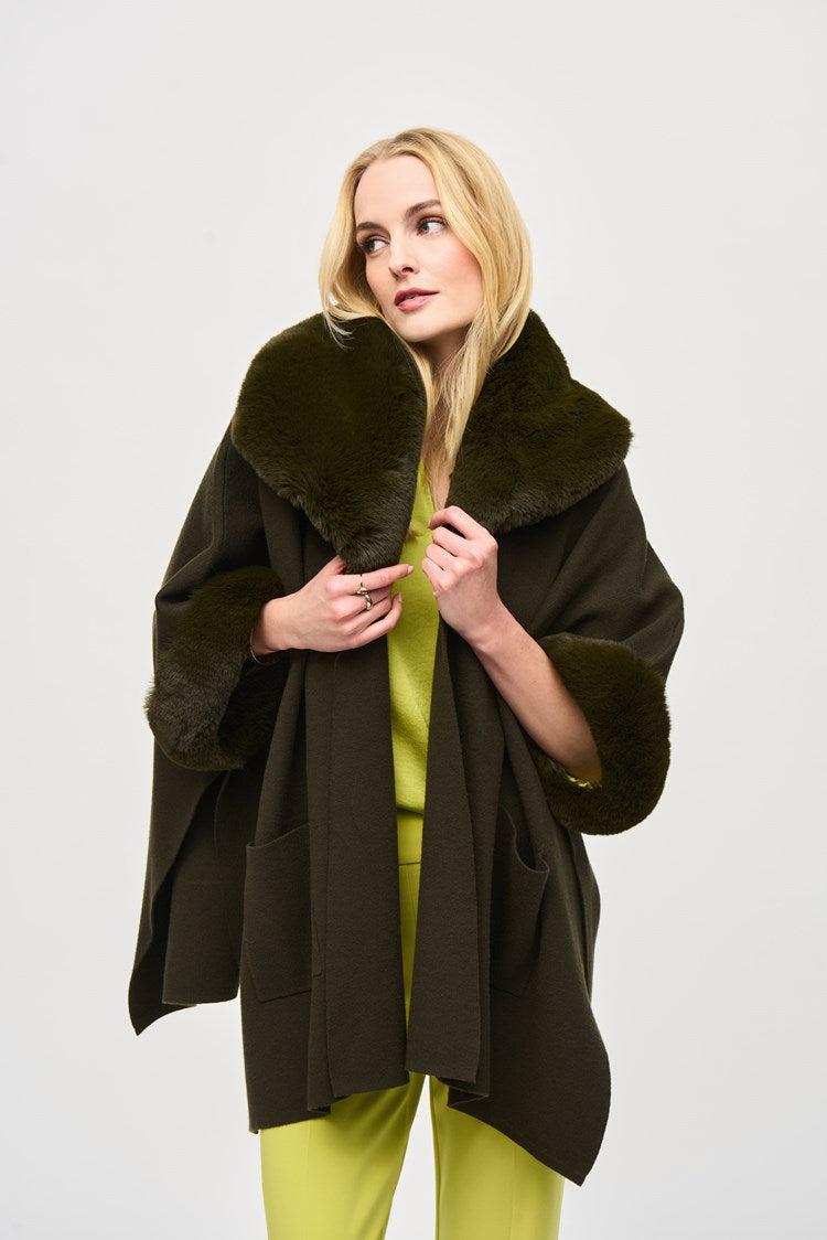 Jacquard n Faux Fur Cape - Khaki