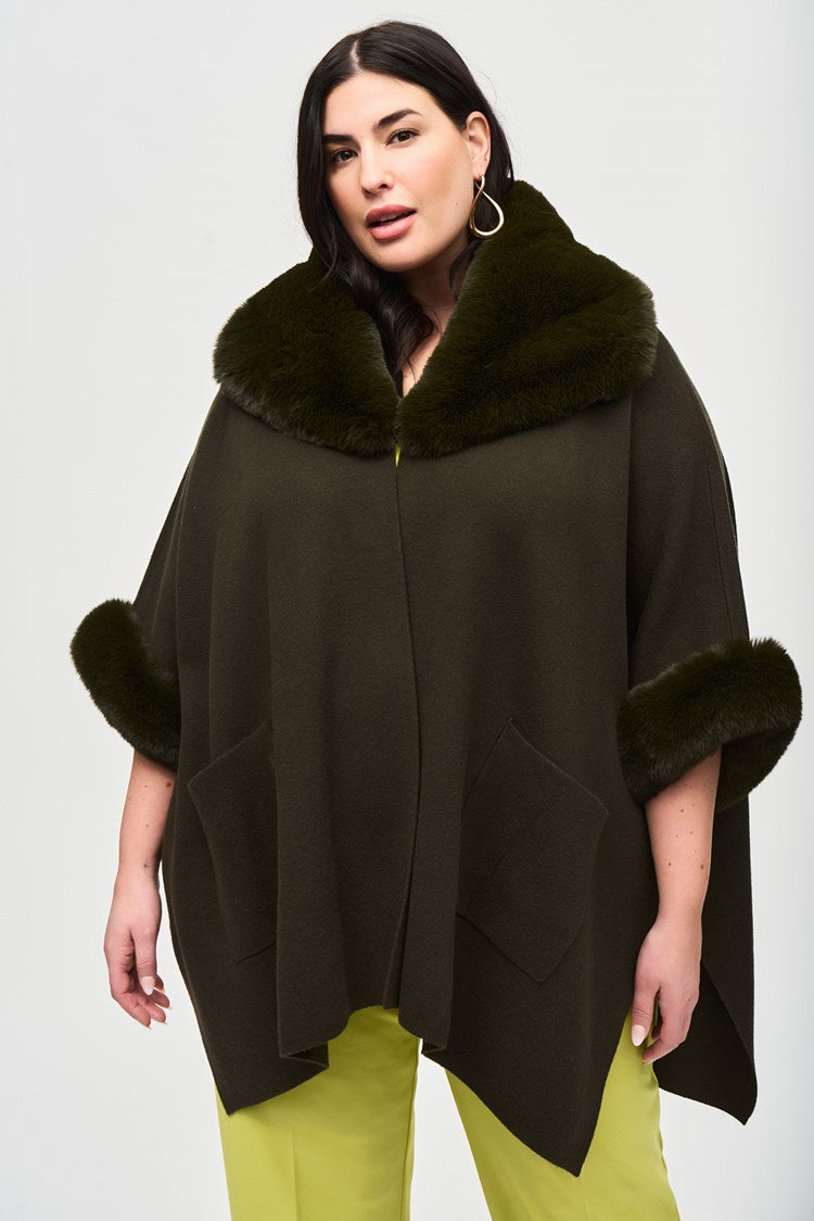 Jacquard n Faux Fur Cape - Khaki