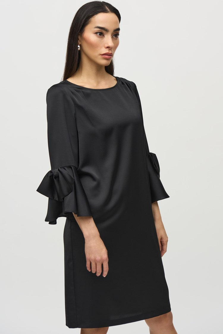 Satin Riffle Sleeve Dress - Black