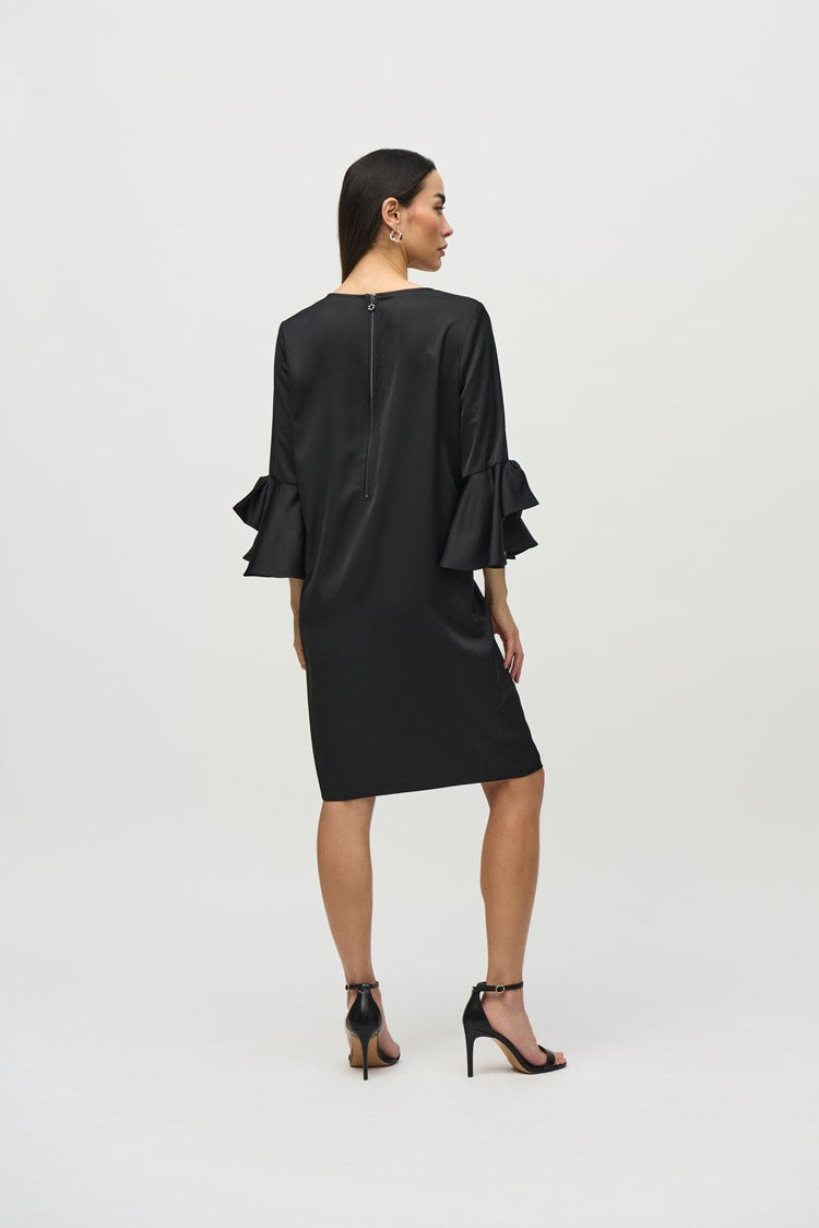 Satin Riffle Sleeve Dress - Black