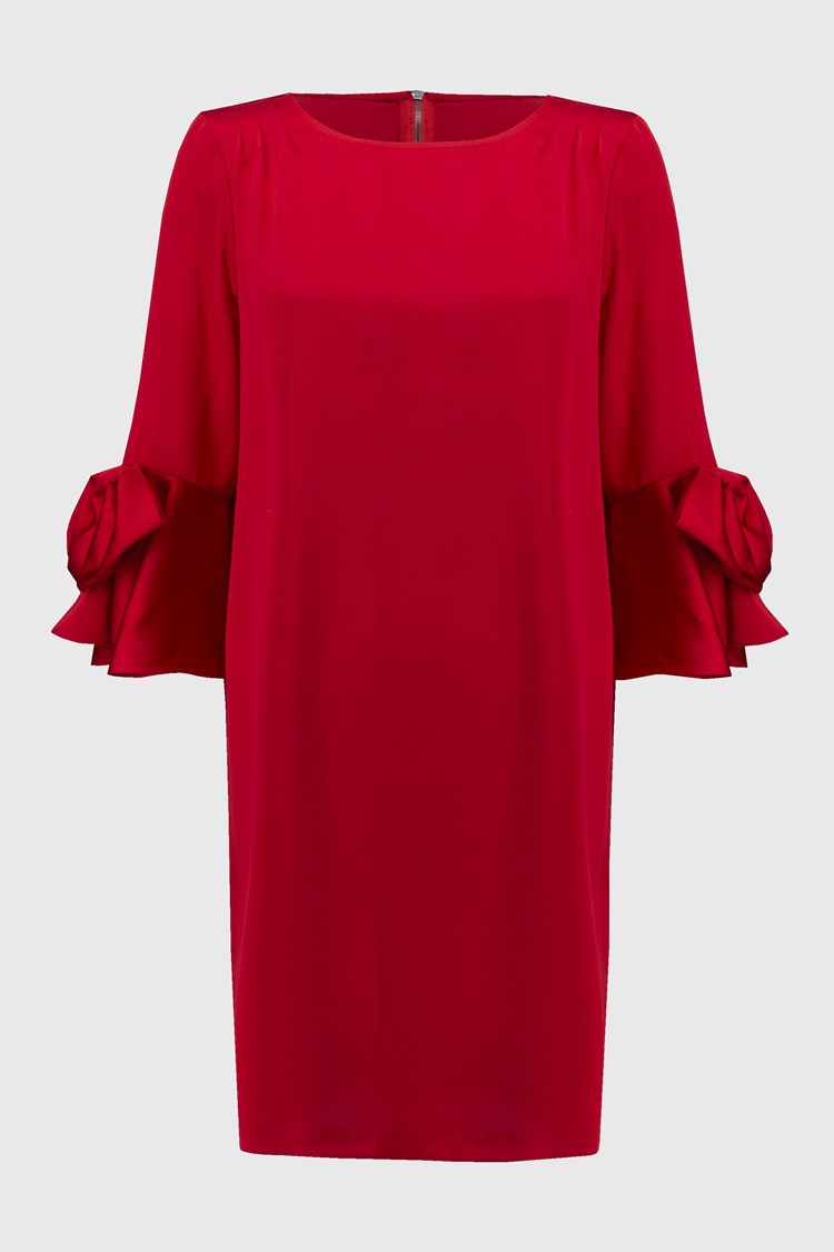 Satin Riffle Sleeve Dress - Lipstick Red