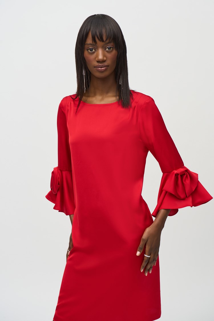 Satin Riffle Sleeve Dress - Lipstick Red