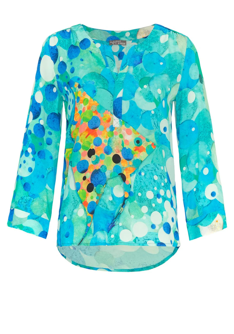 Fish Mosaic V-Neck Blouse - Blue