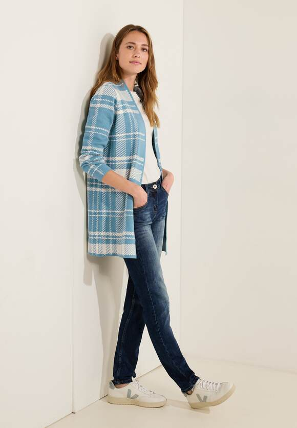 Long Cosy Check Cardigan - Adriatic Blue