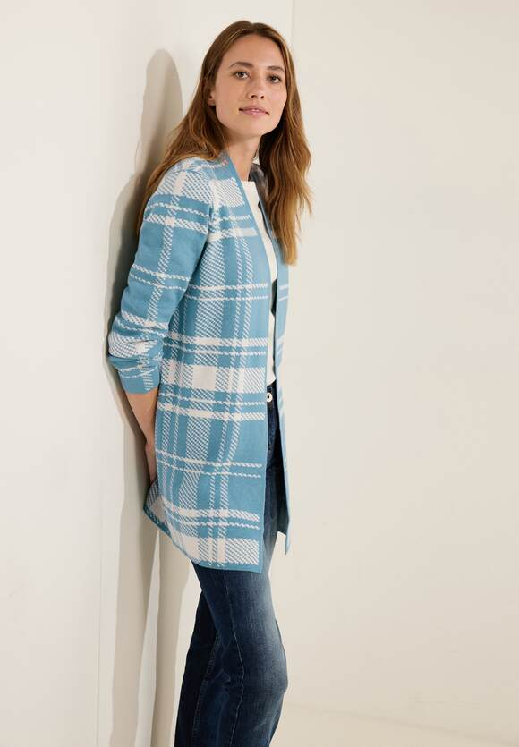 Long Cosy Check Cardigan - Adriatic Blue