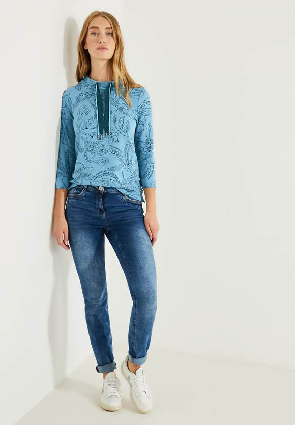 Two Tone Flower High Collar Shirt - Adriatic Blue