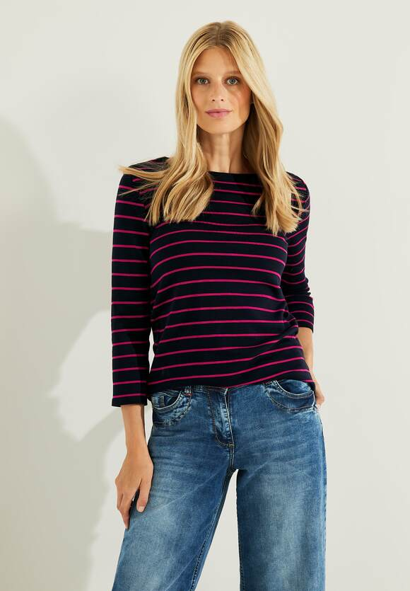 Striped Basic Boat Neck Shirt - Night Sky Blue