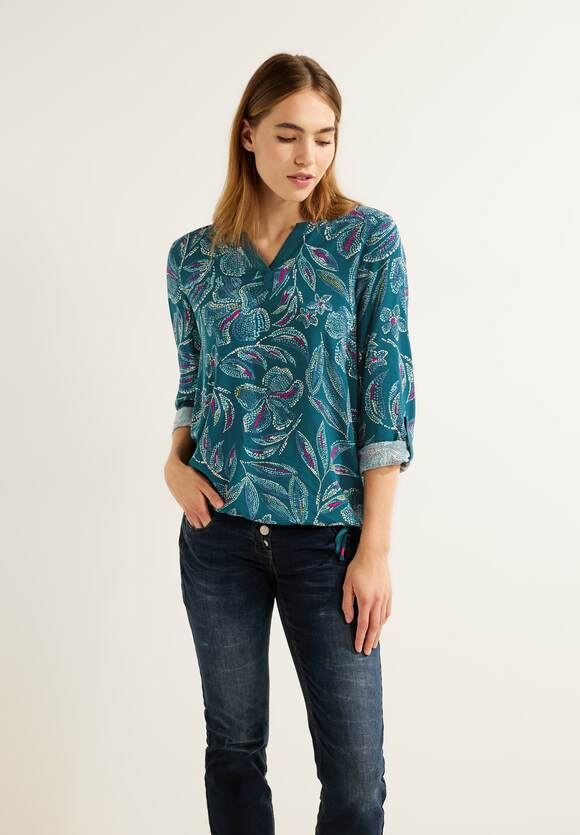 Multicolor Split Neck Blouse - Deep Lake Blue