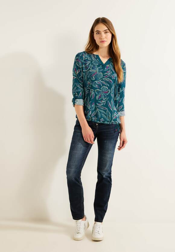 Multicolor Split Neck Blouse - Deep Lake Blue