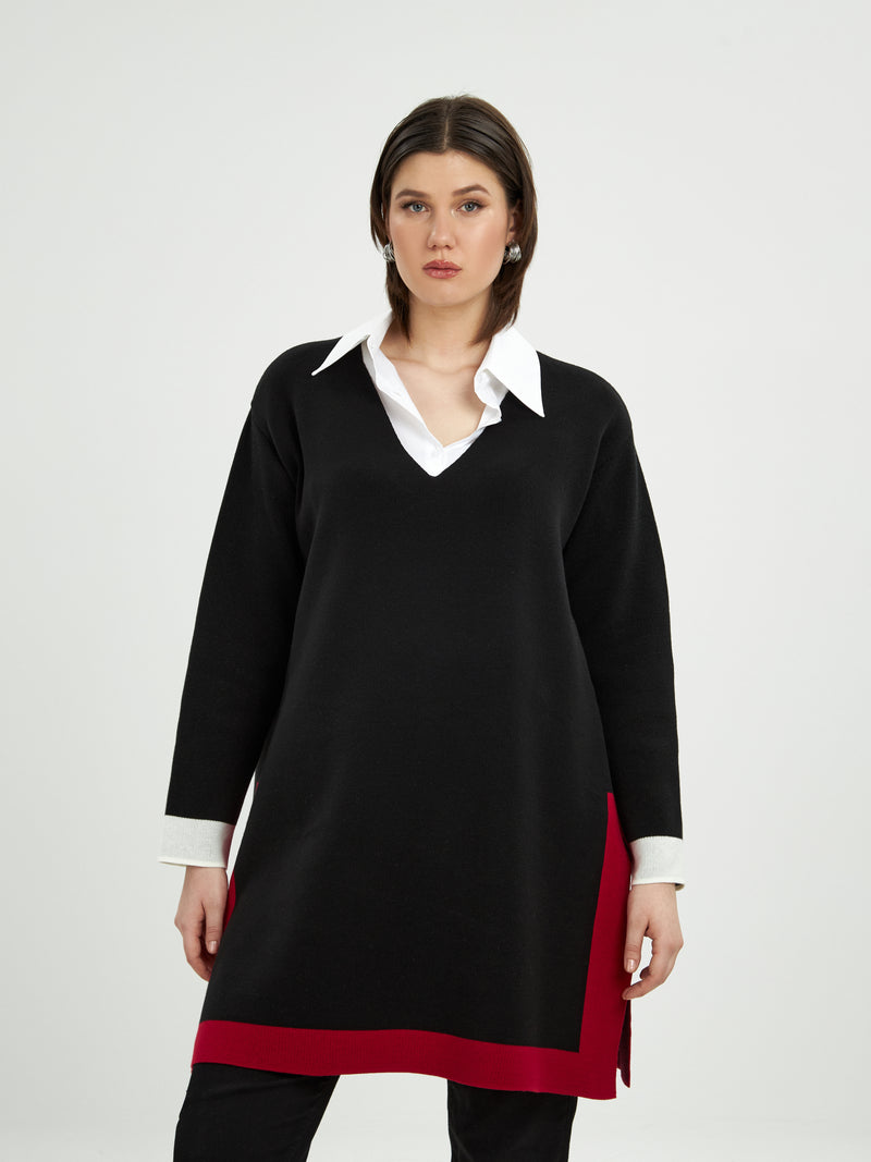 Long Black Sweater With Trims - Black