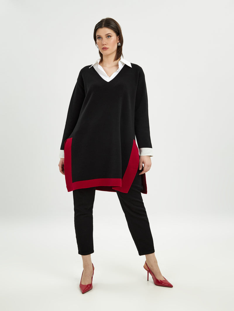 Long Black Sweater With Trims - Black