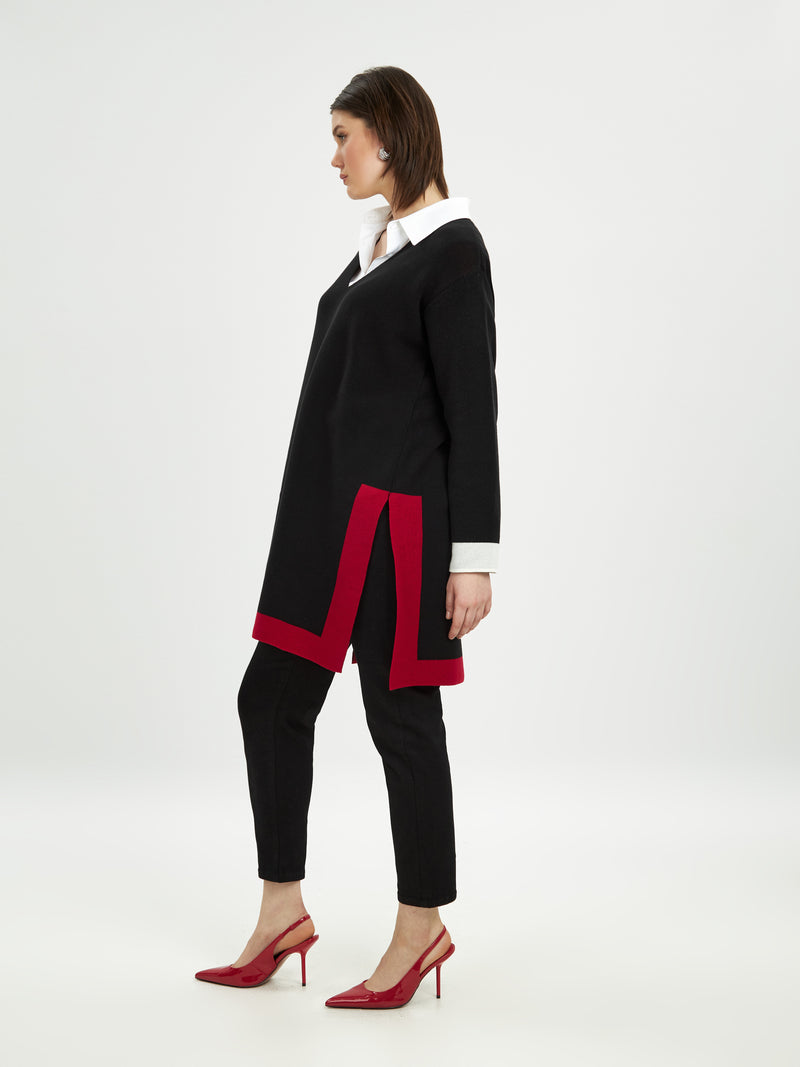 Long Black Sweater With Trims - Black