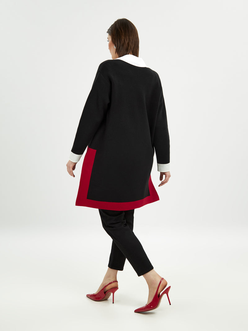 Long Black Sweater With Trims - Black