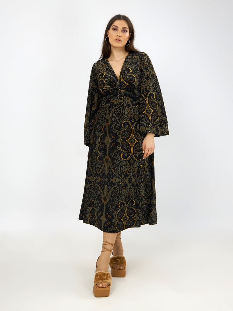 PRINTED BELL SLEEVE DRESS - Green