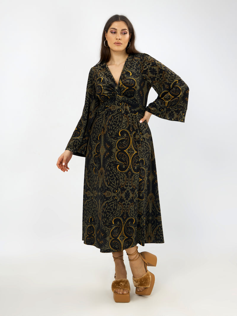 PRINTED BELL SLEEVE DRESS - Green